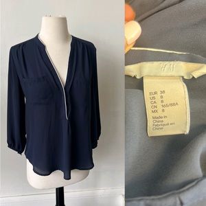 H&M Navy Blue and White 3/4 Sleeve Blouse